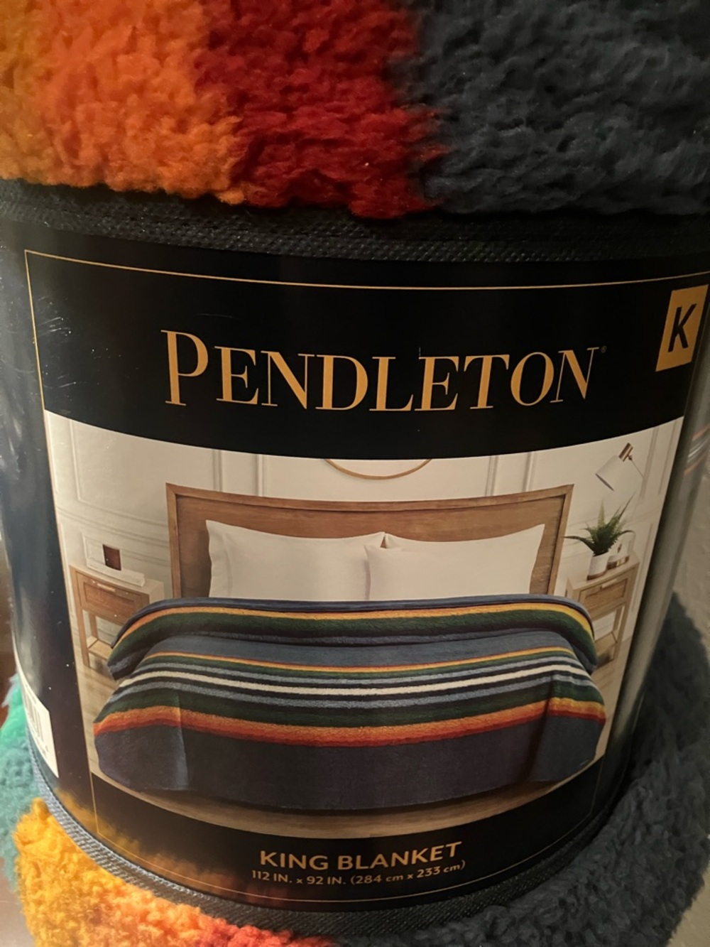 Pendleton Striped King Blanket in Navy, Orange, Red, Yellow & Cream